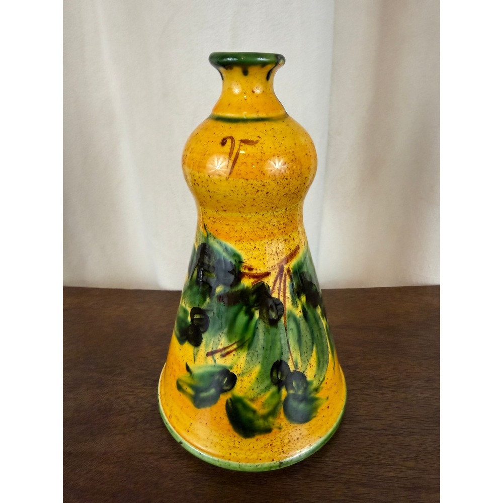 VTG‎ Hand Painted Italian Ceramic Olive Oil Cruet Yellow Green Olive Motif 7.5"